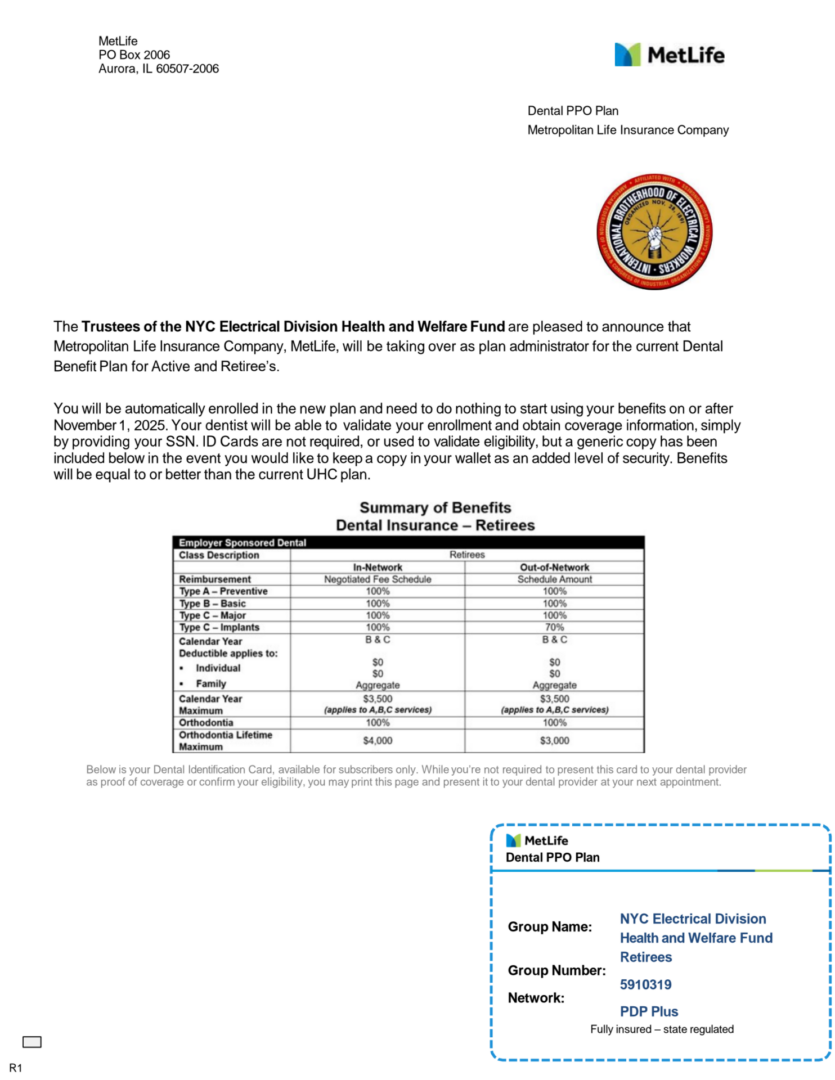 MetLife dental plan letter for NYC retirees